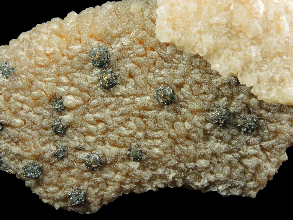 Detail view of mineral Stilbite-Ca with Calcite and Pyrite (best of find) for sale from 700' level, Sta.167, Queens Tunnel of NYC Water Tunnel #3, Woodside, Queens, New York City, Queens County, New York