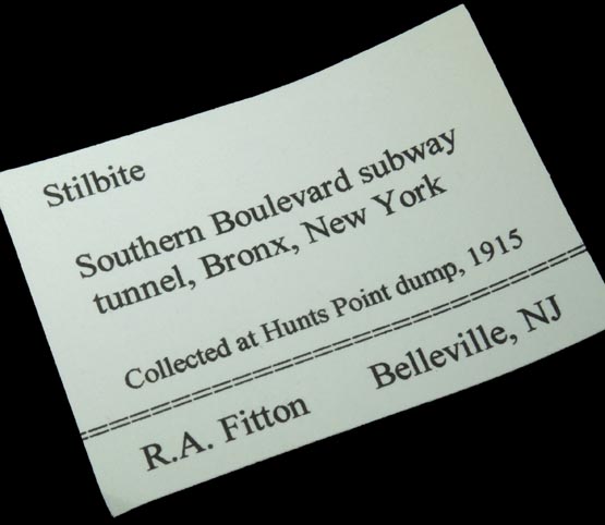 Detail view of mineral Stilbite-Ca on Calcite for sale from IRT Pelham Line Subway under Southern Boulevard, Bronx, New York City, Bronx County, New York
